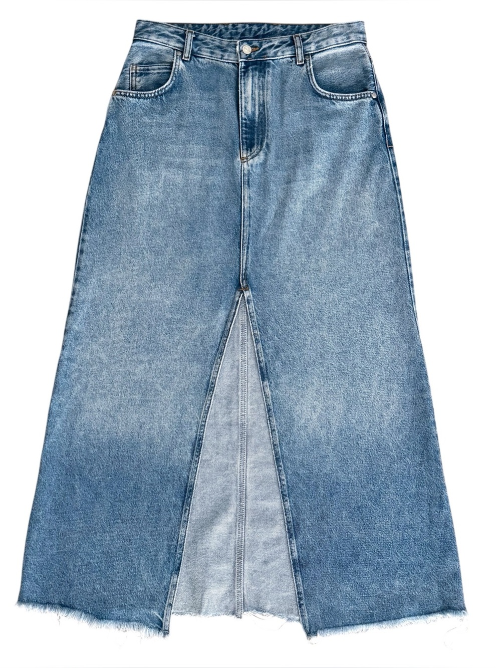 Pilcro Medium Wash Blue Jean Madi High Front Slit Raw Edge Frayed Maxi Skirt 10
